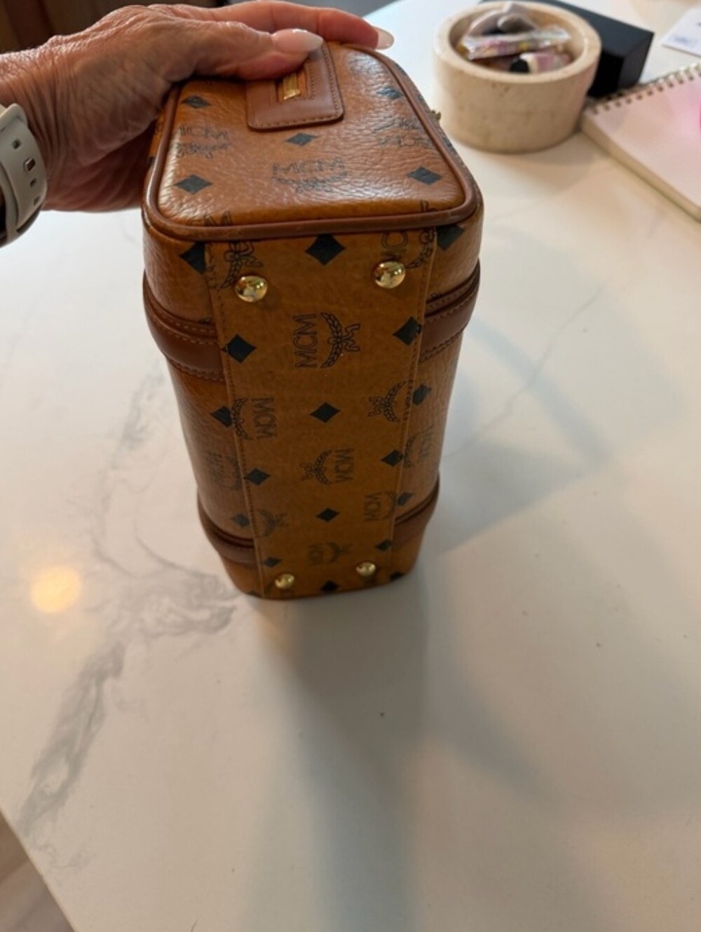 MCM Cognac Visetos Mini Boston Satchel with Gold Plaque - Picture 8 of 8